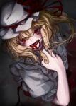  1girl bangs blonde_hair blood blood_from_mouth blush crying crying_with_eyes_open dark eyelashes flandre_scarlet from_above guro hand_up hat highres looking_at_viewer medium_hair mizuhichi mob_cap open_mouth red_eyes smile solo tears teeth touhou wings 