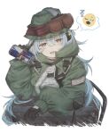  1girl black_gloves blue_hair blush_stickers can character_name commentary_request emoji empty eyebrows_visible_through_hat g11_(girls&#039;_frontline) girls_frontline gloves goggles goggles_on_head green_jacket hair_between_eyes hat highres jacket looking_at_viewer mod3_(girls&#039;_frontline) rabb_horn red_bull simple_background solo spoken_emoji tongue white_background yellow_eyes zzz 