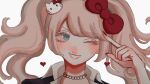  1girl black_choker blonde_hair blue_eyes bow cat_hair_ornament cfbs1vykihkwxbw choker commentary_request danganronpa:_trigger_happy_havoc danganronpa_(series) enoshima_junko hair_bow hair_ornament hand_up heart highres index_finger_raised long_hair looking_at_viewer necktie one_eye_closed portrait red_bow red_nails smile solo teeth twintails 