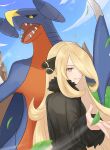  1girl black_collar blonde_hair clouds coat collar commentary_request cynthia_(pokemon) day fur-trimmed_coat fur_collar fur_trim garchomp grass hair_ornament hair_over_one_eye hand_up leaves_in_wind long_hair long_sleeves miliangmu outdoors pokemon pokemon_(creature) pokemon_(game) pokemon_dppt sidelocks sky smile 