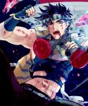  1boy absurdres asphyxiation battle_tendency black_hair blood blood_in_hair blue_eyes crop_top disembodied_limb feather_hair_ornament feathers fingerless_gloves gloves hair_ornament hands_on_another&#039;s_neck highres jewelry jojo_no_kimyou_na_bouken joseph_joestar joseph_joestar_(young) midriff nigelungdayo removing_headwear ring scarf scratches solo strangling striped striped_scarf triangle_print 