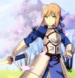  1girl ahoge artoria_pendragon_(all) blonde_hair blue_ribbon breasts cleavage_cutout clothing_cutout excalibur_(fate/stay_night) fate/grand_order fate/stay_night fate_(series) green_eyes hair_bun hair_ribbon holding holding_weapon juliet_sleeves kuzaki long_sleeves medium_breasts puffy_sleeves ribbon saber solo sword weapon 