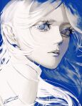  1girl archived_source blue_background blue_eyes blue_theme highres kamato_il long_hair looking_at_viewer monochrome original parted_lips signature solo white_hair 