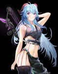  1girl absurdres ahoge alternate_costume bangs bare_arms bare_shoulders black_background blue_hair blush bow_(weapon) breasts closed_mouth cowboy_shot derlyt eyebrows_visible_through_hair ganyu_(genshin_impact) genshin_impact highres horns long_hair looking_at_viewer medium_breasts midriff navel simple_background sleeveless smile solo under_boob violet_eyes weapon 