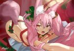 1girl absurdres animal_ear_fluff animal_ears ass bangs bell blush bow box breasts fang fate/grand_order fate_(series) female_ass firstw1 fox_ears fox_tail gift gift_box green_ribbon hair_between_eyes hair_bow highres jingle_bell koyanskaya_(fate) large_breasts long_hair looking_at_viewer merry_christmas open_mouth panties pink_hair red_panties ribbon sidelocks smile solo tail tamamo_(fate) thighs top-down_bottom-up twintails underwear yellow_eyes