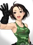  1girl ahoge akisa_(12023648) arm_up armpits artist_name biker_clothes black_hair breasts brown_eyes brown_hair camouflage camouflage_tank_top gloves highres kazama_akira looking_at_viewer medium_breasts open_mouth rival_schools short_hair simple_background smile solo street_fighter street_fighter_v tank_top twitter_username upper_body waving 