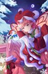  1girl alternate_costume artist_name bangs boots christmas closed_mouth doiparuni dress eyebrows_visible_through_hair fairy fairy_wings fire_emblem fire_emblem_heroes floating fur_trim hat highres long_hair long_sleeves looking_at_viewer low-tied_long_hair mirabilis_(fire_emblem) official_alternate_costume pantyhose pink_hair pointy_ears red_dress red_footwear red_headwear sleeves_past_fingers sleeves_past_wrists snowflakes snowman solo striped striped_legwear tied_hair very_long_hair violet_eyes wide_sleeves wings 