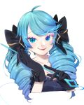  1girl ahoge bangs black_bow black_gloves blue_eyes blue_hair bow collarbone cropped_torso drill_hair gloves gwen_(league_of_legends) hair_bow hands_up holding league_of_legends long_hair o_min_po smile solo star-shaped_pupils star_(symbol) swept_bangs symbol-shaped_pupils twin_drills twintails 