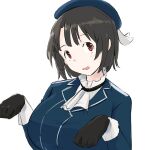  1girl arm_under_breasts bangs beret black_gloves black_hair blue_headwear breasts closed_mouth gloves grey_background hat high_collar highres kantai_collection large_breasts military military_uniform pikurusu_j red_eyes short_hair takao_(kantai_collection) uniform white_neckwear 