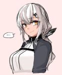  ... 1girl 2poet breasts commentary_request eyebrows_visible_through_hair girls_frontline hair_between_eyes hair_ornament hairclip korean_commentary large_breasts long_hair looking_at_viewer m590_(girls&#039;_frontline) pink_background ponytail smile solo spoken_ellipsis upper_body white_hair yellow_eyes 
