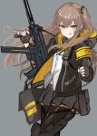  1girl 404_logo_(girls&#039;_frontline) :q absurdres armband black_gloves black_nails black_skirt brown_hair commentary_request cowboy_shot fingerless_gloves girls_frontline gloves grey_background gun h&amp;k_ump hair_between_eyes highres holding holding_gun holding_weapon hood hood_down hooded_jacket jacket koenza_botoke licking_lips looking_at_viewer nail_polish one_side_up pantyhose pleated_skirt scar scar_across_eye shirt simple_background skirt smile solo submachine_gun tongue tongue_out ump45_(girls&#039;_frontline) weapon white_shirt yellow_eyes 