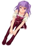  1girl absurdres alice_gear_aegis bangs bare_shoulders breasts closed_mouth dress feet frilled_dress frilled_sleeves frills fukuinu full_body highres hugging_own_legs ichijou_ayaka legs long_hair looking_at_viewer pantyhose purple_dress purple_hair purple_legwear short_sleeves simple_background sitting small_breasts smile solo twintails violet_eyes white_background 