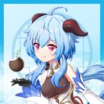  :p ahoge bangs bare_shoulders bell black_gloves blue_hair blush bow breasts coconut detached_sleeves drinking_straw eyebrows_visible_through_hair fruit_cup ganyu_(genshin_impact) genshin_impact gloves gold_trim highres horns long_hair looking_at_viewer medium_breasts miaoxfv neck_bell sidelocks solo tongue tongue_out upper_body violet_eyes white_sleeves 