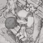  1girl bangs bench blush cherry_blossoms closed_eyes closed_mouth commentary eyebrows_visible_through_hair flat_chest from_above full_body grass greyscale gulpin happy kirlia light_blush looking_to_the_side looking_up lowres lying medium_hair monochrome o3o on_bench on_side outdoors oyama_yoihaya pokemon pokemon_(creature) sidelocks sitting sketch sleeping smile solo_focus speech_bubble spoken_zzz tree zzz 