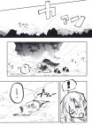  1girl alison_(alison_airlines) clouds crash_landing damaged debris greyscale hakurei_reimu highres monochrome mountain scan smoke touhou translation_request tree 