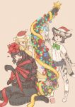 3girls african_wild_dog_(kemono_friends) animal_ears annoyed arm_at_side arm_up artist_logo bangs black_legwear blonde_hair blush_stickers bodystocking boots bound bound_torso brown_eyes christmas_ornaments closed_mouth colored_inner_hair cutoffs dog_ears dog_girl dog_tail elbow_gloves extra_ears frills gloves godzilla godzilla_(series) godzilla_(shin) golden_snub-nosed_monkey_(kemono_friends) grey_hair hands_up hat height_difference kemono_friends kishida_shiki layered_sleeves long_sleeves long_tail looking_at_another looking_at_object looking_down looking_up lucky_beast_(kemono_friends) medium_hair monkey_ears monkey_girl monkey_tail multicolored_hair multiple_girls open_mouth outstretched_arm parted_lips personification red_eyes redhead ribbon santa_hat shin_godzilla shirt short_over_long_sleeves short_shorts short_sleeves shorts sidelocks simple_background sitting skirt smile squiggle standing streaked_hair sweater tail tail_raised tall_female thigh-highs thigh_boots two-tone_hair wariza white_shirt