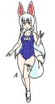  1girl acesrulez alternate_costume animal_ears bare_arms bare_shoulders blue_swimsuit blush commentary_request eyebrows_visible_through_hair fox_ears fox_girl fox_tail geta hand_puppet kemono_friends long_hair looking_at_viewer name_tag oinari-sama_(kemono_friends) one-piece_swimsuit puppet school_swimsuit socks solo swimsuit tail thigh_strap translation_request white_hair white_legwear yellow_eyes 
