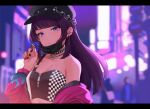  bare_shoulders blurry blurry_background choker closed_mouth ear_piercing hat highres idolmaster idolmaster_shiny_colors jacket jacket_on_shoulders jewelry mask midriff mouth_mask nail_polish necklace piercing purple_hair strapless tanaka_mamimi tube_top ven_(ven_neojio) violet_eyes zipper 