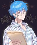  1boy bangs blue_eyes blue_hair collared_shirt eyewear_strap fate/grand_order fate_(series) glasses hair_between_eyes hans_christian_andersen_(adult)_(fate) hans_christian_andersen_(fate) older paper sara_(kurome1127) shirt short_hair striped striped_shirt vertical-striped_shirt vertical_stripes 