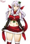  1girl artist_name ass_visible_through_thighs bare_shoulders blush bow bracelet christmas crop_top dated detached_sleeves duplicate eyebrows_visible_through_hair fingerless_gloves fire_emblem fire_emblem:_radiant_dawn fur_trim gloves hair_between_eyes hair_bow hair_ornament jewelry micaiah_(fire_emblem) midriff mina_cream navel pixel-perfect_duplicate pulled_by_self red_bow red_ribbon ribbon santa_costume simple_background smile solo thigh_gap thighs white_background white_hair yellow_eyes 