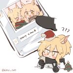  3girls ? ?? animal_ears arknights armor aunt_and_niece blemishine_(arknights) blonde_hair blush cellphone christmas_tree emoji english_text green_ribbon hat highres holding holding_phone horse_ears kyou_039 merry_christmas multiple_girls nearl_(arknights) phone ponytail ribbon santa_hat siblings sisters smartphone smile text_messaging twitter_username v-shaped_eyebrows whislash_(arknights) yellow_eyes 
