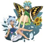  2girls antennae aqua_hair bare_legs barefoot blue_bow blue_dress blue_eyes blue_hair bow brown_eyes butterfly_wings cirno detached_wings dress eternity_larva eyebrows_visible_through_hair fairy flower full_body green_dress hair_between_eyes hair_bow hirasaka_makoto ice ice_wings leaf leaf_on_head morning_glory multicolored_clothes multicolored_dress multiple_girls official_art open_mouth puffy_short_sleeves puffy_sleeves purple_flower round_teeth shirt short_hair short_sleeves simple_background single_strap smile sunflower tanned_cirno teeth touhou touhou_sangetsusei upper_teeth white_background white_shirt wings yellow_flower 