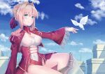  1girl aestus_estus ahoge blonde_hair braid breasts cleavage commentary_request dress epaulettes fate/extra fate_(series) french_braid green_eyes hair_intakes hair_ribbon juliet_sleeves large_breasts long_sleeves muragaki nero_claudius_(fate) nero_claudius_(fate)_(all) open_mouth puffy_sleeves red_dress red_ribbon ribbon see-through solo wide_sleeves 