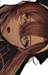  1girl archived_source bangs brown_hair grey_eyes hair_between_eyes highres kamato_il long_hair looking_at_viewer original sideways signature simple_background solo white_background 
