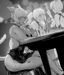  3girls alternate_costume animal_ears blush cat_ears cat_tail club3 cup dress drinking_glass eyebrows_visible_through_hair f&#039;lhaminn_qesh facial_mark final_fantasy final_fantasy_xiv glass greyscale looking_at_viewer lyse_hext miqo&#039;te monochrome multiple_girls neck_tattoo sitting table tail tattoo whisker_markings y&#039;shtola_rhul 