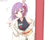  1girl \m/ animal_ears bare_shoulders bow braid chibirisu fake_animal_ears flower hair_bow hair_flower hair_ornament hand_up japanese_clothes nail_polish obi off_shoulder one_side_up purple_hair rabbit_ears red_bow red_nails sash short_hair signature single_braid sleeveless solo tenjin_kotone tenjin_kotone_(channel) twitter_username violet_eyes virtual_youtuber 