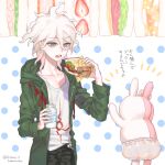  1boy ahoge bangs black_pants chain collarbone danganronpa_(series) danganronpa_2:_goodbye_despair danganronpa_3_(anime) diaper ear_bow green_jacket grey_hair hair_between_eyes hood hooded_jacket jacket komaeda_nagito long_sleeves male_focus medium_hair messy_hair monomi_(danganronpa) open_clothes open_jacket open_mouth pants print_shirt ribbon sara_(kurome1127) shirt skull_ornament white_hair white_shirt 