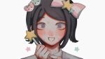  1girl bangs bear_hair_ornament black_hair blush bow cfbs1vykihkwxbw collared_shirt commentary_request crazy_eyes danganronpa:_trigger_happy_havoc danganronpa_(series) grey_shirt hair_bow hair_ornament hand_up highres holding ikusaba_mukuro open_mouth pink_bow portrait shirt short_hair simple_background solo star_(symbol) star_hair_ornament sweat white_background 