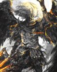  1boy armor commentary cowboy_shot crown dark_souls_(series) electricity embers english_commentary faulds full_armor hand_up highres holding holding_weapon looking_at_viewer male_focus nameless_king polearm shimhaq solo spread_wings standing trident weapon white_hair wings 