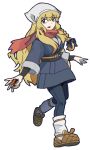  1girl bangs blonde_hair blue_coat blue_pants blue_ribbon braid coat cookie_(touhou) eyebrows_visible_through_hair full_body green_eyes hair_ribbon head_scarf highres holding holding_poke_ball kirisame_marisa leftame long_hair looking_at_viewer mars_(cookie) open_mouth pants poke_ball pokemon red_scarf ribbon sandals scarf side_braid simple_background single_braid socks solo touhou transparent_background white_legwear 