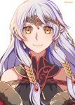  1girl bangs bare_shoulders black_dress coat crml_orng dress earrings fire_emblem fire_emblem:_radiant_dawn fire_emblem_cipher fire_emblem_heroes fur_trim half_updo highres jewelry long_hair micaiah_(fire_emblem) official_alternate_costume portrait silver_hair simple_background smile solo tiara twitter_username white_background yellow_eyes 