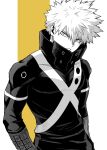  absurdres bakugou_katsuki boku_no_hero_academia bupopopopopo costume eye_contact gauntlets glaring greyscale hands_in_pockets head_down highres looking_at_another looking_at_viewer monochrome muscular muscular_male simple_background spiky_hair superhero 