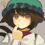  1girl ? blush boa_(brianoa) bow bowtie bright_pupils brown_eyes brown_hair chen closed_mouth commentary ears_down english_commentary finger_to_mouth fingernails green_headwear grey_background hand_up hat highres looking_at_viewer mob_cap sharp_fingernails simple_background solo touhou white_bow white_bowtie white_pupils 