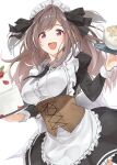  1girl absurdres apron breasts brown_hair cake corset food frills hair_ribbon highres idolmaster idolmaster_shiny_colors juliet_sleeves large_breasts long_hair long_sleeves looking_at_viewer maid maid_apron maid_headdress necktie open_mouth pekoni_(peconi) pink_eyes puffy_sleeves ribbon solo teapot tray tsukioka_kogane waist_apron white_apron white_background 