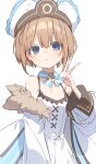  1girl bare_shoulders blanc_(neptune_series) blue_eyes brown_hair buran_buta coat dress flat_chest hair_between_eyes hat highres looking_at_viewer neptune_(series) short_hair simple_background sketch solo v white_background white_dress 