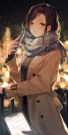  1girl 1other brown_coat coat highres holding holding_phone long_coat mizuki_fua nijisanji phone scarf shirayuki_tomoe smile snowing solo_focus 