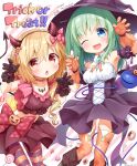  2girls alternate_costume anzu_ame bangs black_headwear blonde_hair blue_eyes blush commentary_request crystal demon_costume eyeball eyebrows_visible_through_hair flandre_scarlet gloves green_hair hair_between_eyes halloween_costume hat komeiji_koishi medium_hair multiple_girls no_hat no_headwear one_eye_closed one_side_up pantyhose red_eyes short_hair skirt thigh-highs third_eye touhou trick_or_treat v-shaped_eyebrows wings witch witch_hat 