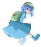  1girl backpack bag blue_eyes blue_footwear blue_hair closed_mouth eyebrows_visible_through_hair full_body hair_bobbles hair_ornament highres ibara_kashipan kawashiro_nitori long_sleeves looking_at_viewer short_hair short_twintails solo touhou twintails 