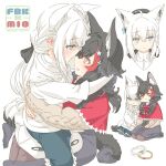  2girls animal_ears aqua_eyes black_bow black_hair blush bow brown_eyes character_name commentary_request extra_ears eye_contact face-to-face fox_ears fox_girl fox_tail grey_hair hair_bow highres hololive jewelry long_hair looking_at_another multicolored_hair multiple_girls multiple_views ookami_mio open_mouth redhead ring shirakami_fubuki streaked_hair sweat tail tataki_tuna twitter_username white_background white_hair wolf_girl yuri 