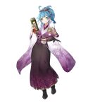  1girl ankle_boots bangs blue_hair boots bow capelet earrings fire_emblem fire_emblem_heroes fur_trim gold_trim gradient gradient_clothes hair_ornament hakama hakama_skirt head_tilt highres holding ichibi japanese_clothes jewelry kimono long_hair long_sleeves looking_at_viewer obi official_art parted_lips ponytail reginn_(fire_emblem) sash shiny shiny_hair skirt smile solo stuffed_animal stuffed_toy tied_hair transparent_background wide_sleeves yellow_eyes 