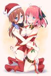  2girls :q alternate_costume bare_shoulders bell belt black_ribbon blue_eyes breast_press breasts brown_belt christmas go-toubun_no_hanayome hair_between_eyes hair_ribbon hat headphones headphones_around_neck highres kneeling leg_belt long_hair looking_at_viewer medium_breasts multiple_girls nakano_miku nakano_nino neck_bell profnote red_footwear red_headwear red_legwear red_ribbon redhead ribbon santa_hat siblings sisters smile symmetrical_docking thigh-highs thighs tongue tongue_out two_side_up 