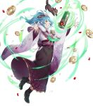  1girl ankle_boots bangs blue_hair boots bow capelet confetti eyebrows_visible_through_hair fire_emblem fire_emblem_heroes floating floating_object fur_trim gears gold_trim gradient gradient_clothes hair_bow hakama hakama_skirt highres ichibi japanese_clothes kimono long_hair long_sleeves looking_away obi official_art outstretched_arms parted_lips ponytail reginn_(fire_emblem) sash shiny shiny_hair skirt smile solo spread_arms stuffed_animal stuffed_toy tied_hair transparent_background wide_sleeves yellow_eyes 