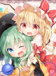  2girls anzu_ame aqua_nails bangs black_headwear blonde_hair blouse blush bow buttons collared_blouse commentary_request crystal diamond_button eyeball eyebrows_visible_through_hair fang flandre_scarlet frilled_shirt frilled_shirt_collar frilled_skirt frilled_sleeves frills green_eyes green_hair hair_between_eyes hat hat_ribbon hug hug_from_behind komeiji_koishi long_sleeves medium_hair mob_cap multiple_girls one_eye_closed one_side_up open_mouth puffy_short_sleeves puffy_sleeves red_bow red_eyes red_nails red_ribbon red_skirt red_vest ribbon shirt short_sleeves skirt third_eye touhou vest white_shirt wide_sleeves wings yellow_blouse yellow_ribbon 