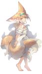  1girl animal_ears arknights blonde_hair blue_hairband braid commentary_request dress fox_ears fox_tail from_side full_body hairband highres kitsune kyuubi looking_at_viewer multicolored_hair multiple_tails off-shoulder_dress off_shoulder sasa_onigiri short_hair sidelocks simple_background smile solo standing streaked_hair suzuran_(arknights) tail white_background white_dress white_hair yellow_eyes 