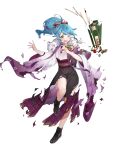  1girl ankle_boots bangs black_footwear blue_hair blush boots bow fire_emblem fire_emblem_heroes fur_trim gold_trim gradient gradient_clothes hair_ornament hakama hakama_skirt highres ichibi japanese_clothes kimono leg_up long_hair looking_away obi official_art one_eye_closed ponytail reginn_(fire_emblem) sash shiny shiny_hair skirt solo tears tied_hair torn_clothes torn_sleeves transparent_background wide_sleeves yellow_eyes 