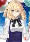  1girl :d ahoge artoria_pendragon_(all) balloon bangs black_bow black_neckwear black_ribbon blonde_hair blue_dress boots bow brown_footwear cross-laced_footwear dress eyebrows_visible_through_hair fate/grand_order fate/unlimited_codes fate_(series) green_eyes hair_bow highres holding_balloon hruk360 long_sleeves looking_at_viewer ribbon saber_lily short_hair simple_background sitting smile solo white_background 